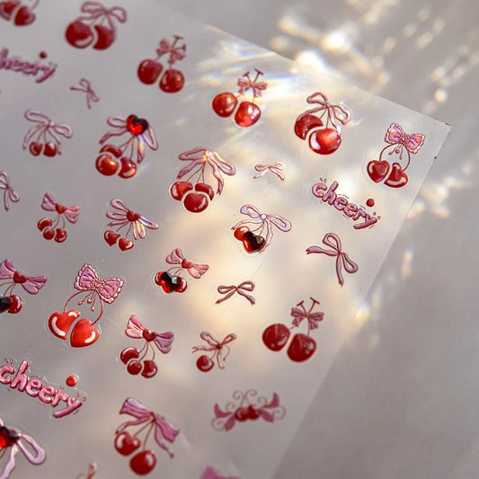 Red Bow Nail Art Stickers Sweet Cherry Adhesive Embossed Sticker Decals