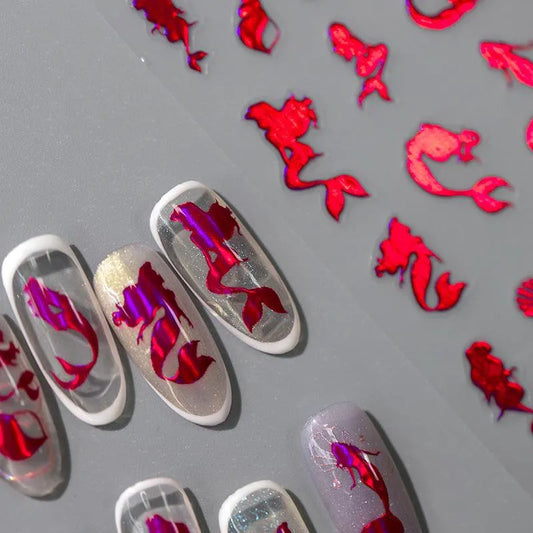 Red Mermaid Nail Art Stickers Adhesive Metal Sticker Decals M179