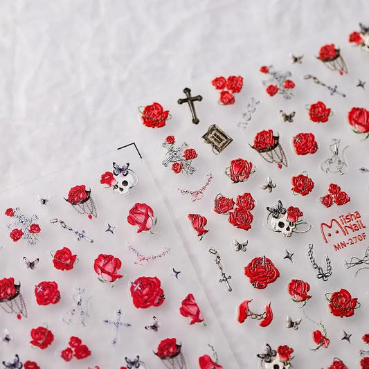Red Rose Nail Art Stickers Adhesive Slider Skull Embossed Sticker Decals MN271