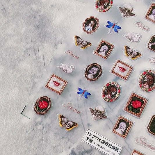 Retro Oil Painting Nail Art Stickers Adhesive Embossed Vintage Portrait Sticker Decals