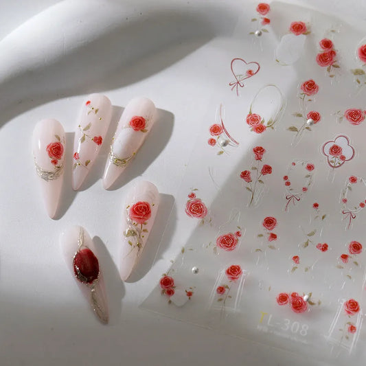 Rose Flower Nail Art Stickers Floral Leaf Adhesive Embossed Sticker Decals