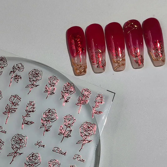 Rose Flower Nail Art Stickers Metal Colors Floral Adhesive Sticker Decals M001