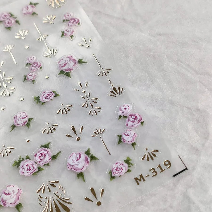 Rose Nail Art Stickers Adhesive Slider Metal Color Flowers Sticker Decals M319