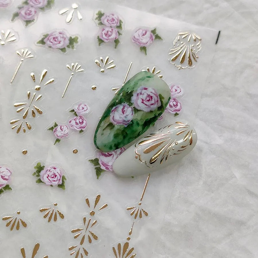 Rose Nail Art Stickers Adhesive Slider Metal Color Flowers Sticker Decals M319