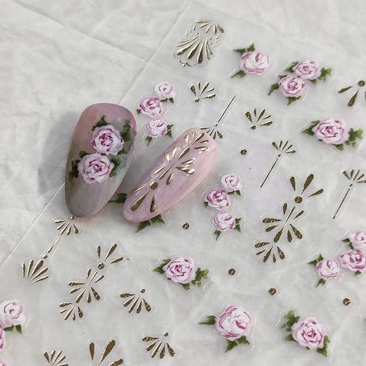 Rose Nail Art Stickers Adhesive Slider Metal Color Flowers Sticker Decals M319
