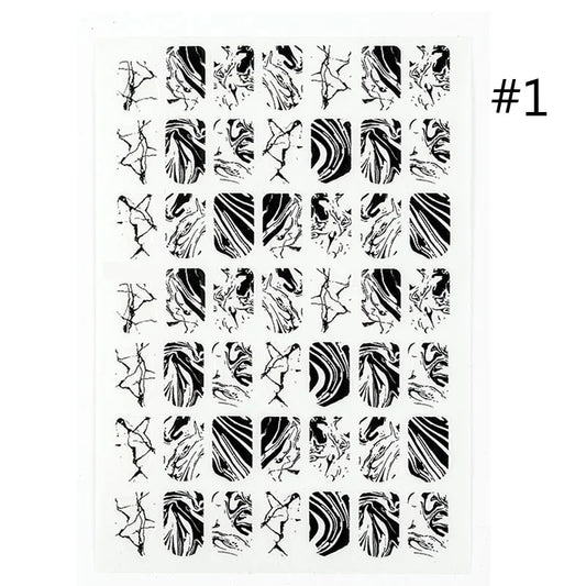 Black & White Marble Nail Stickers – 3D Ink Splash Full Wraps