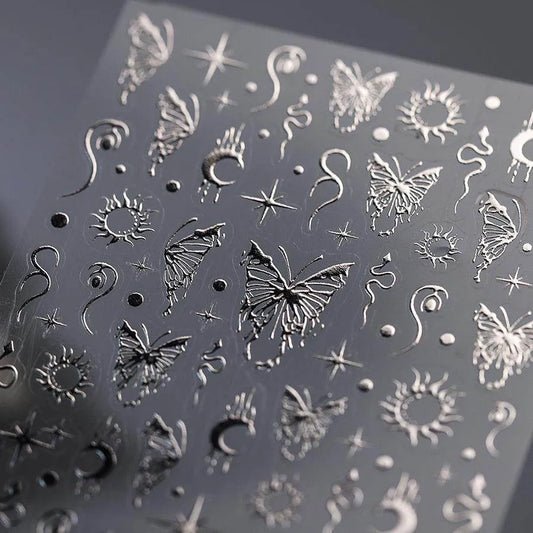 Silver Butterfly Nail Stickers with Moon & Stars Celestial Adhesive Nail Art Decals M381