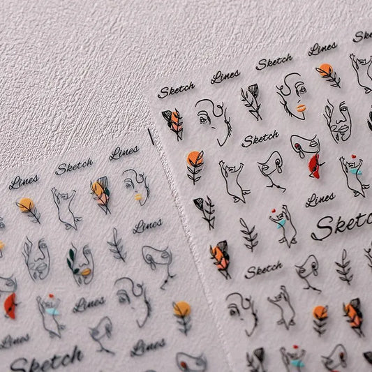 Sketch Face Line Nail Art Stickers Abstract Lines Adhesive Sticker Decals TS2671