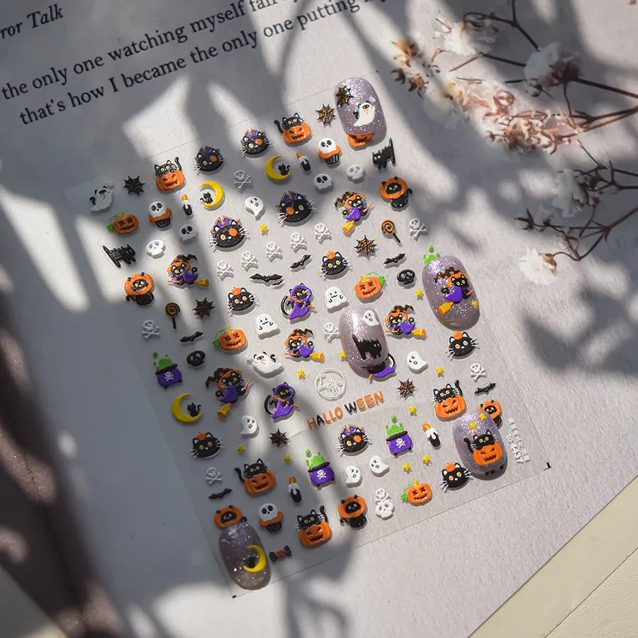 Spooky Cute Halloween Black Cat Nail Art Stickers | Witch & Ghost Nail Decals