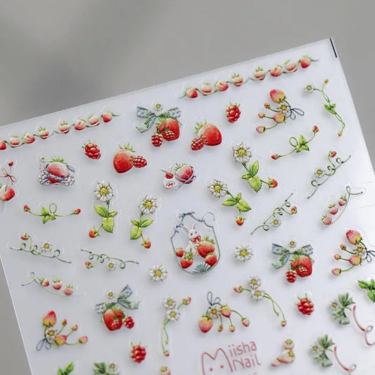 Strawberry Nail Art Stickers Adhesive Slider 3D Strawberry Flower Sticker Decals MN311