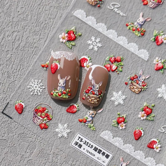 Strawberry Nail Art Stickers Adhesive Slider Embossed Snowflake Sticker Decals TS3519