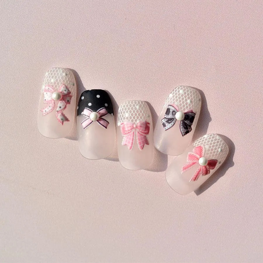 Sweet Lace Bow Nail Art Stickers Pink & Purple Bow 3D Stickers with Pearl Accents to3697