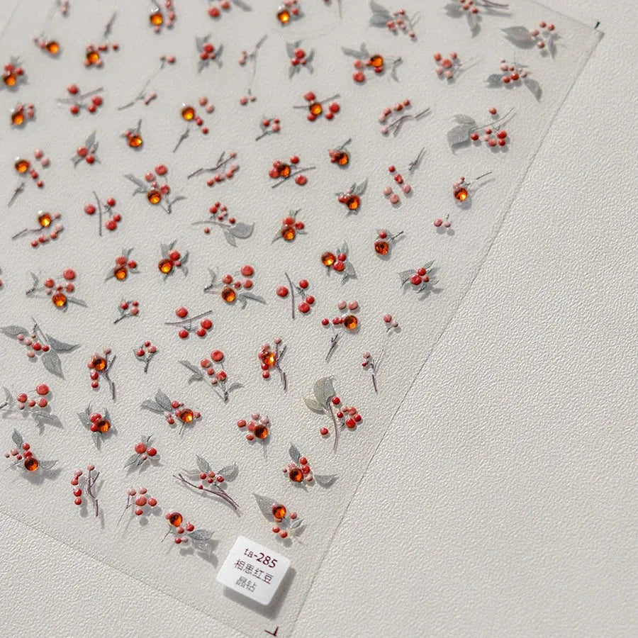 Love Red Bean Nail Art Stickers Adhesive Embossed Sticker Decals with Rhinestones TA285