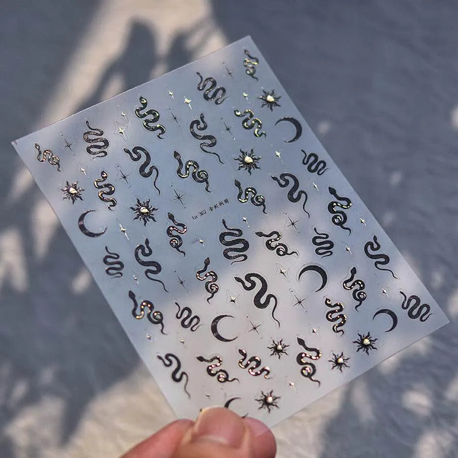 Gold Snake Nail Art Stickers Adhesive Embossed Metal Silver Snake Sticker Decals TA367 Black