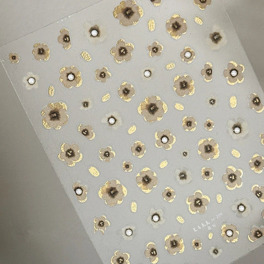 Vintage Floral Nail Stickers with Gold Glitter & Pearl Accents