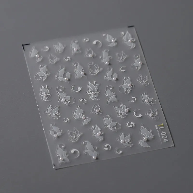 White Leaf Vines Nail Art Stickers With Pearls Vintage Floral Adhesive Sticker Decals TL004