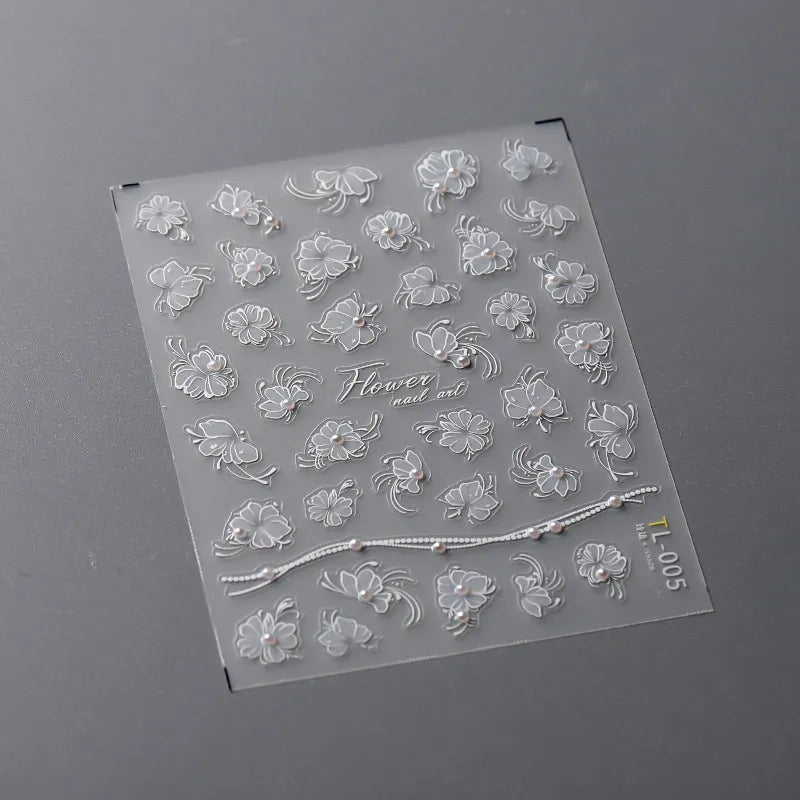 White Leaf Vines Nail Art Stickers With Pearls Vintage Floral Adhesive Sticker Decals TL015