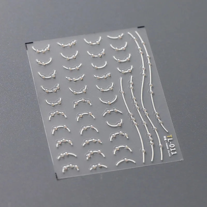 White Pearls Chain Nail Art Stickers Adhesive Embossed Pearl Line French Nail Sticker Decals TL011
