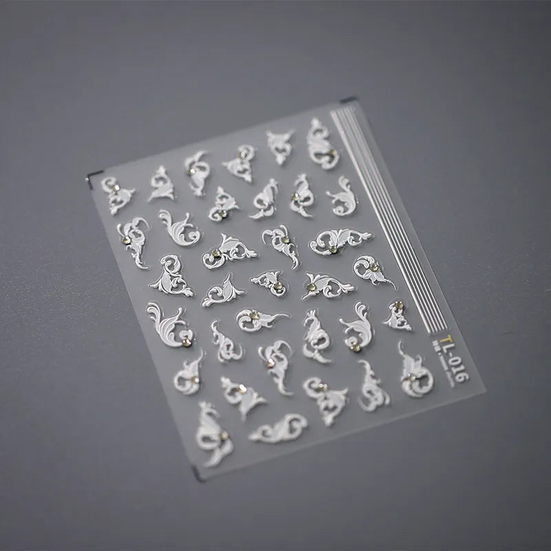 White Leaf Vines Nail Art Stickers With Pearls Vintage Floral Adhesive Sticker Decals TL016