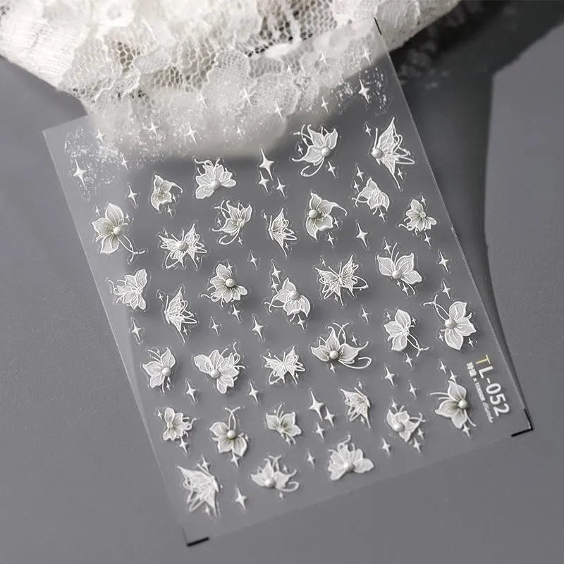 Nail Art Stickers Adhesive Sliders White Floral Leaf With Pearl Embossed Sticker Decals TL052
