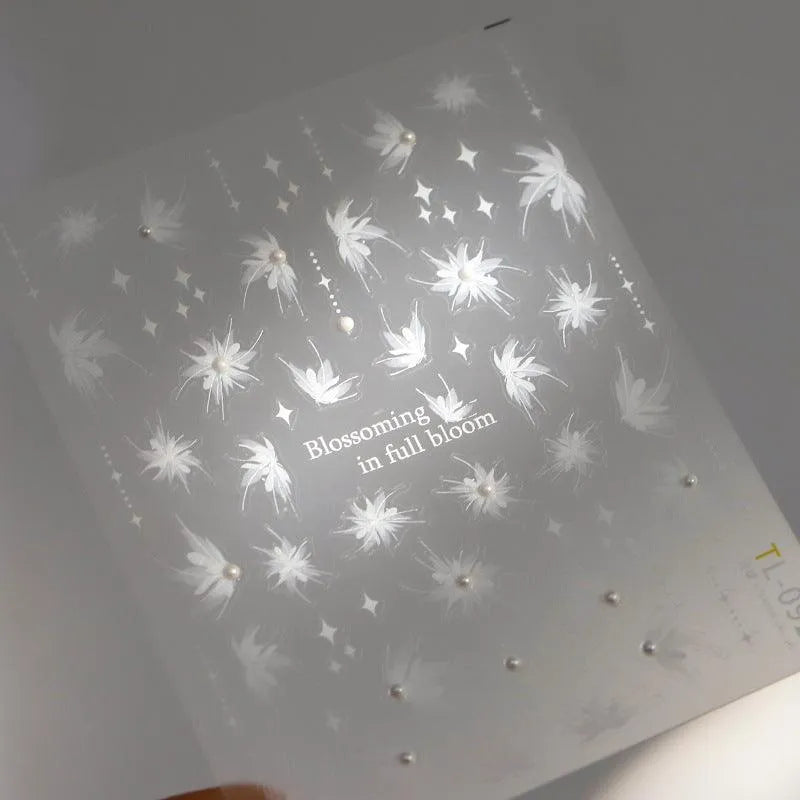 White Floral Nail Art Stickers Adhesive Sliders Blossoming Flowers With Pearls Sticker Decals TL092