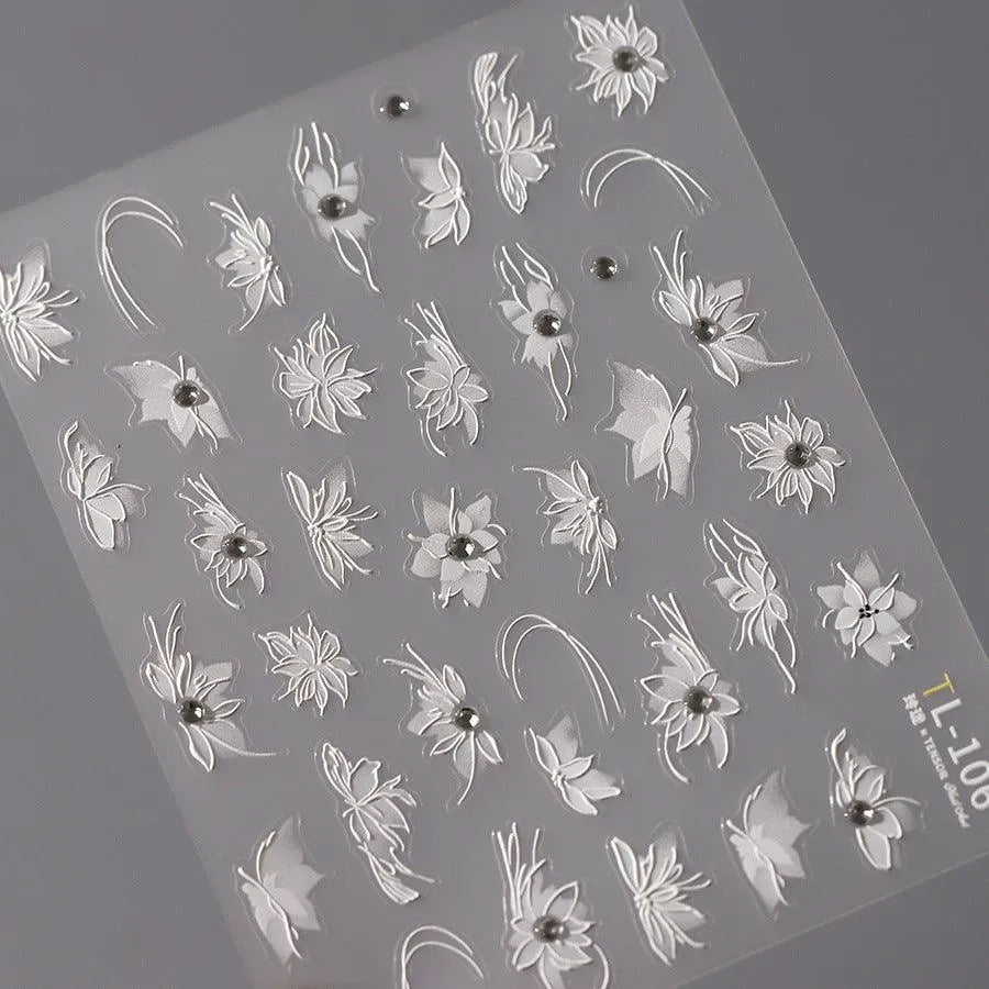 White 3D Flower Nail Art Stickers Adhesive Slider Flowers with Beads Sticker Decals TL106