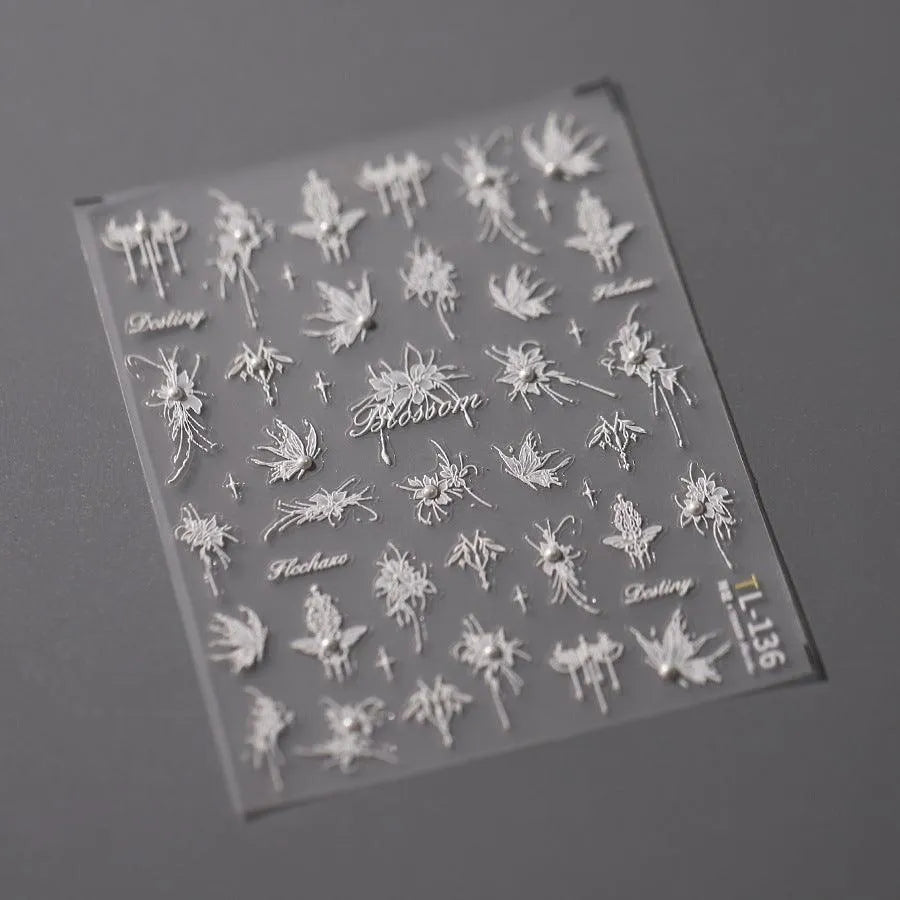 White Butterfly Nail Art Stickers Adhesive Embossed Sticker Decals TL136