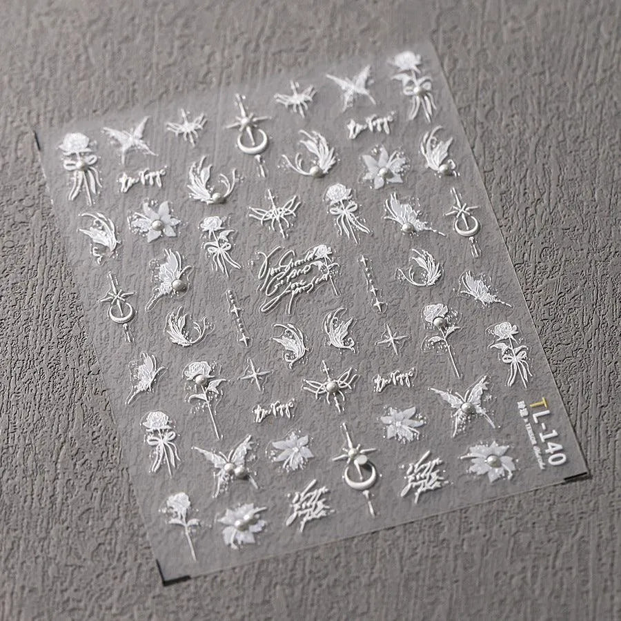 Nail Art Stickers Adhesive Slider White Flower Butterfly Embossed Sticker Decals TL140