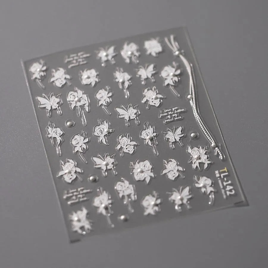 White Butterfly Nail Art Stickers Adhesive Embossed Sticker Decals TL142
