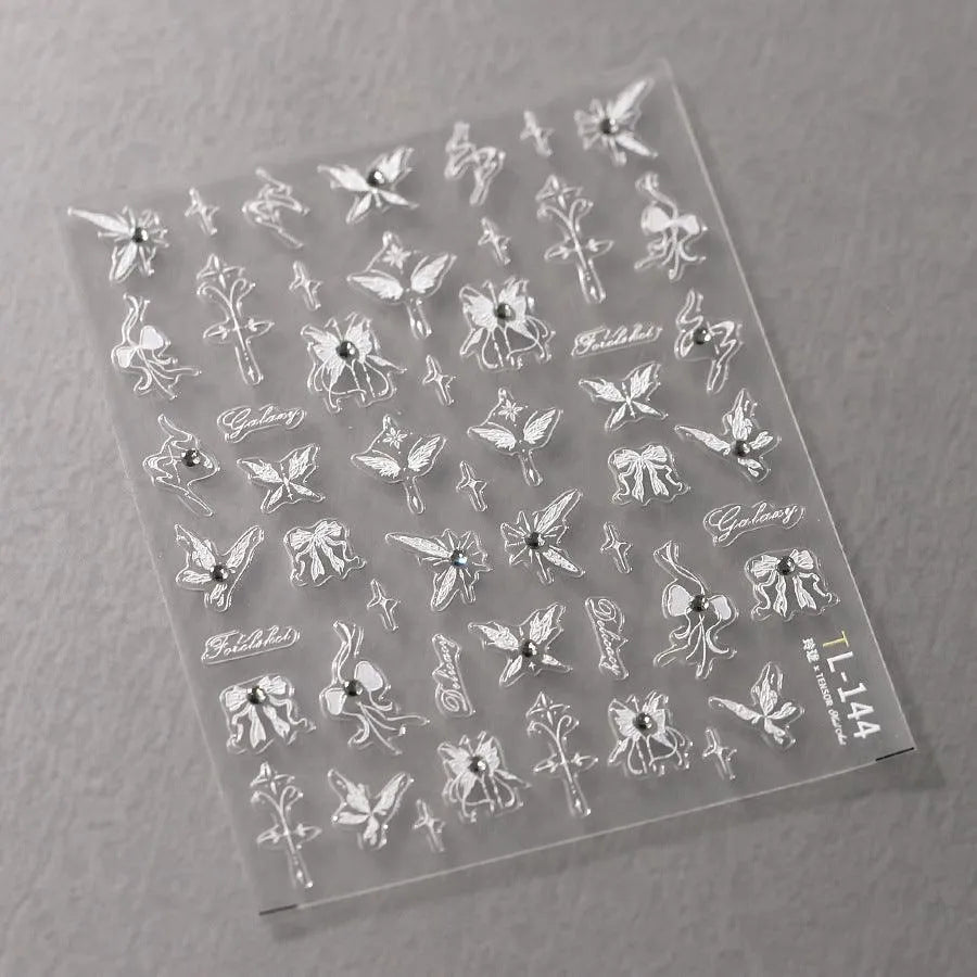 Nail Art Stickers Adhesive Slider White Flower Butterfly Embossed Sticker Decals TL144