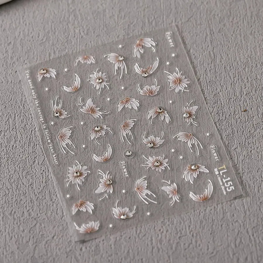 White Lily Nail Art Stickers Adhesive Embossed Lily Flower with Beads Sticker Decals TL155