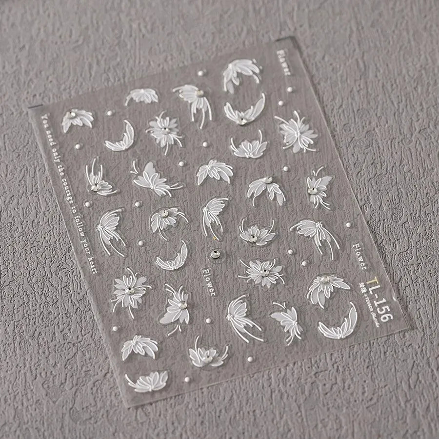 White Lily Nail Art Stickers Adhesive Embossed Lily Flower with Beads Sticker Decals TL156