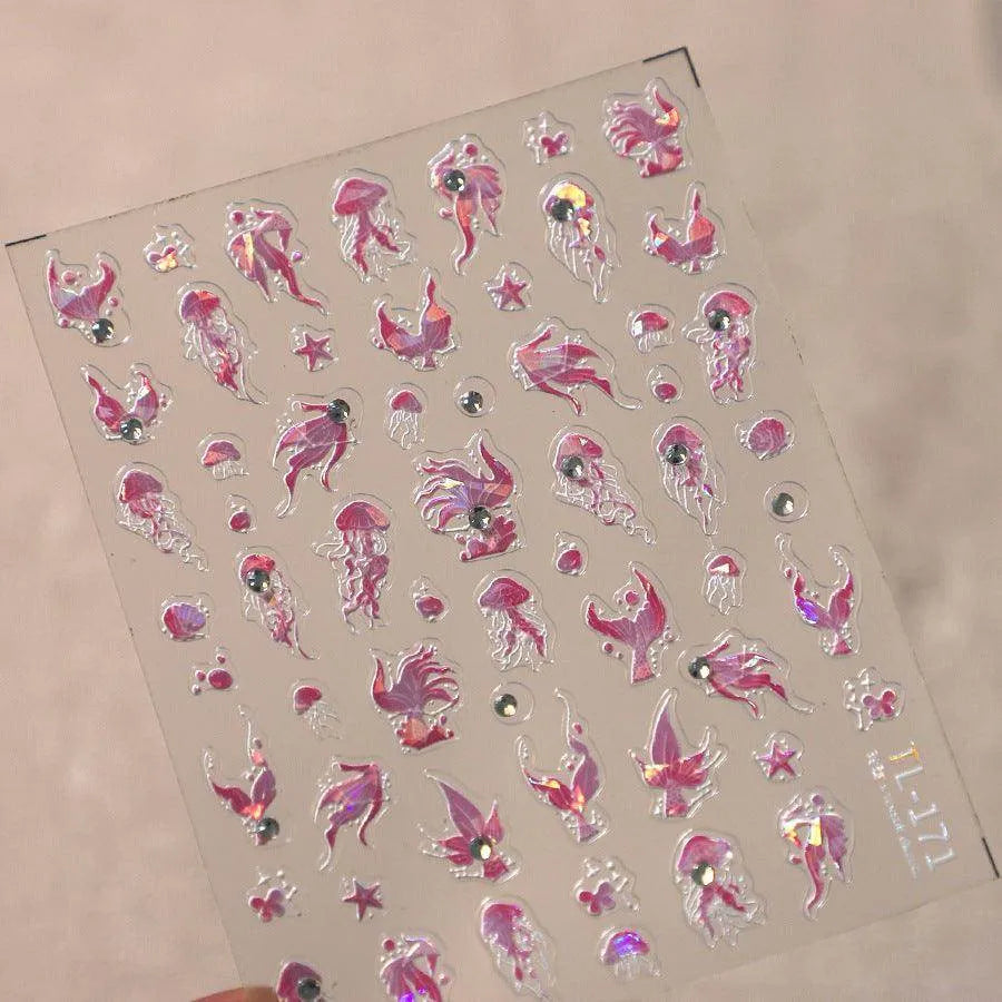 Aurora Light Jellyfish Nail Art Stickers Embossed Jelly Mermaids Adhesive Sticker Decals TL171