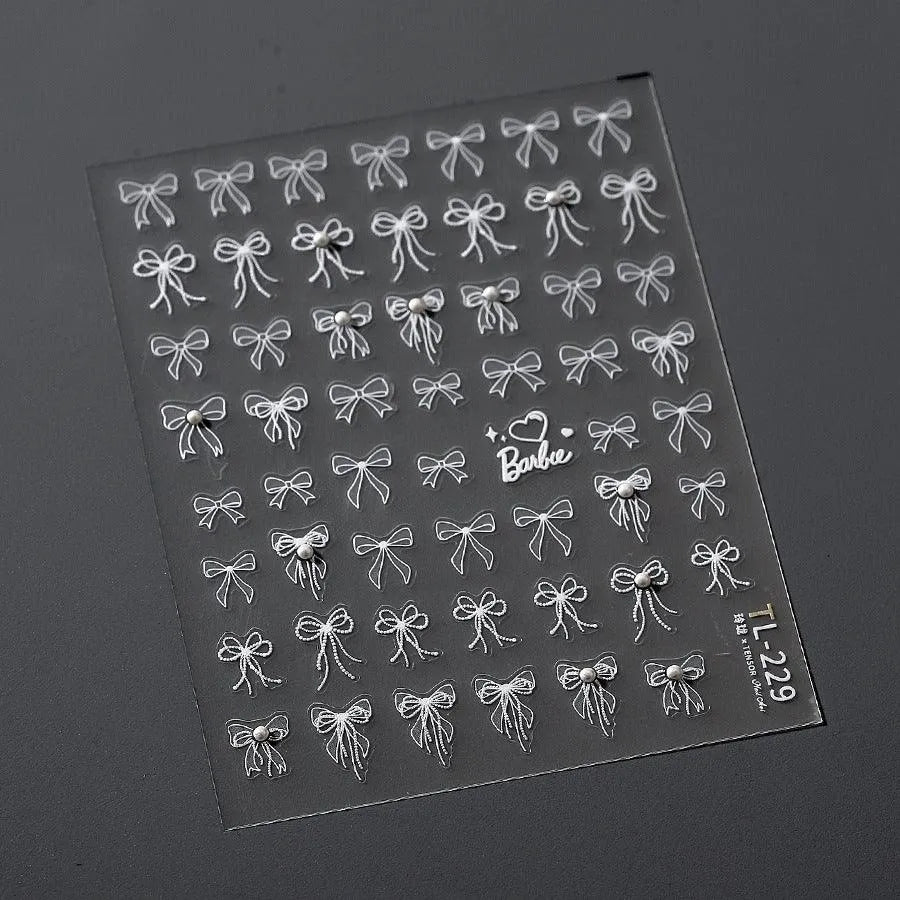 White Bow Nail Art Stickers Bows With Pearl Adhesive Embossed Sticker Decals TL229