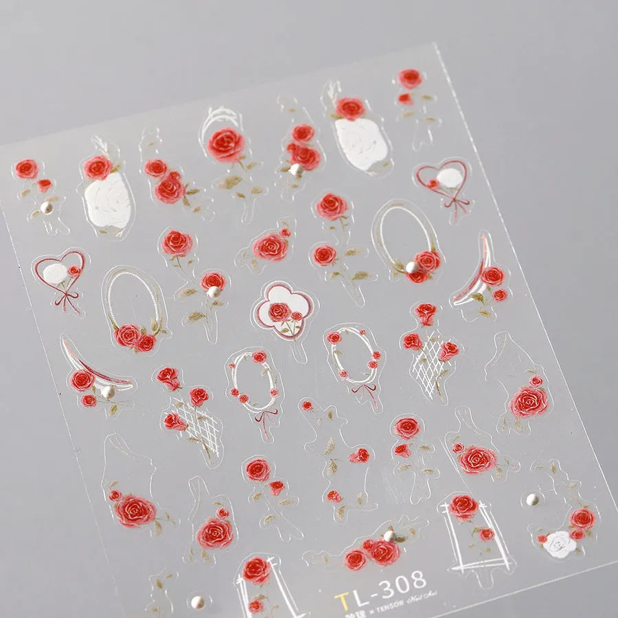 Rose Flower Nail Art Stickers Floral Leaf Adhesive Embossed Sticker Decals TL308