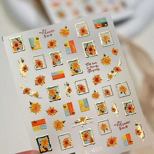 Sunflower & Gold Frame Nail Decals - Fall Floral Nail Stickers TL408