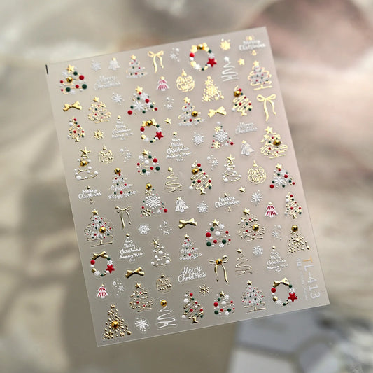 5D Gold Christmas Tree Nail Stickers - Xmas Ball Candy Canes Snowman Decals TL413