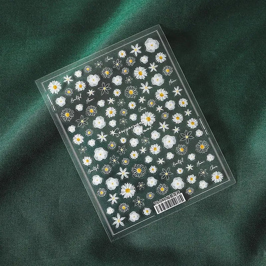 Cute Daisy Flower Nail Stickers | White & Gold Minimalist Spring Nail Art Decals TS046