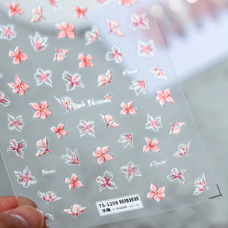 Pink Flowers Nail Art Stickers Adhesive Peach Blossom Sticker Decals TS1208 embossed
