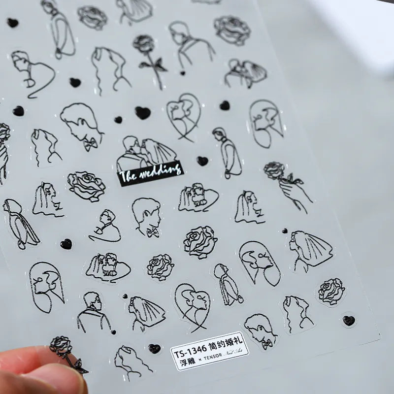 3D Nail Art Stickers Wedding Brides Design Adhesive Sticker Decals TS1346 embossed