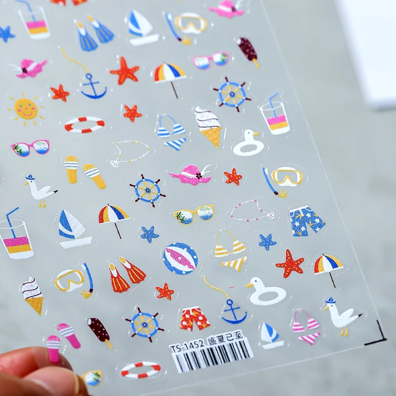 Nail Art Stickers Summer Beach Elements Adhesive Embossed Sticker Decals TS1452