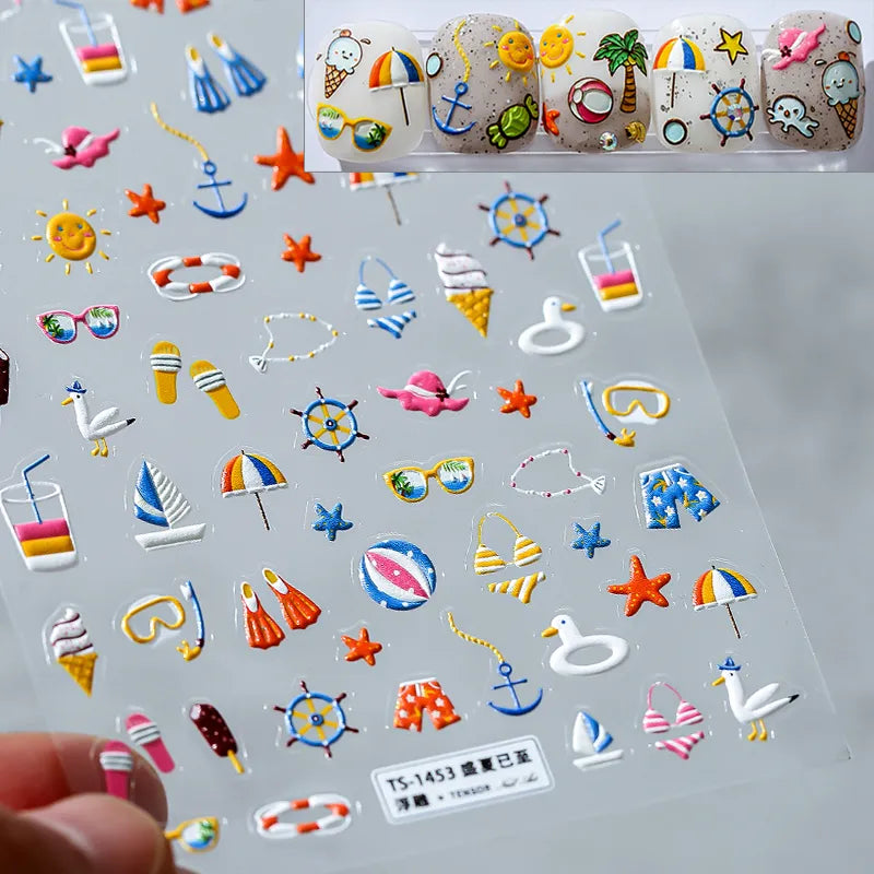 Nail Art Stickers Summer Beach Elements Adhesive Embossed Sticker Decals TS1453 embossed