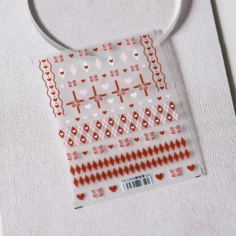 Red Nail Art Stickers Adhesive Embossed Vintage Grid Sticker Decals TS2369
