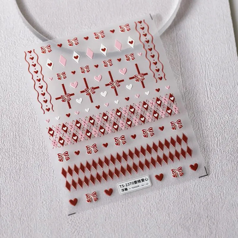 Red Nail Art Stickers Adhesive Embossed Vintage Grid Sticker Decals TS2370 embossed