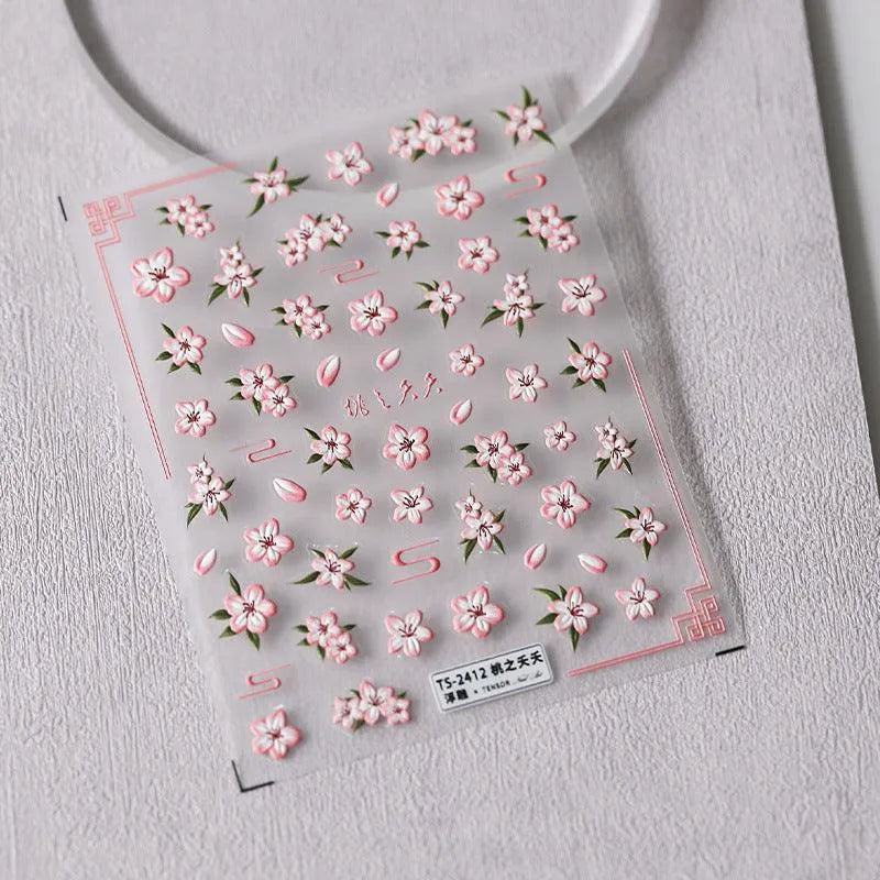 Pink Flower Nail Art Stickers Adhesive Slider Peach Blossom Sticker Decals TS2412 embossed