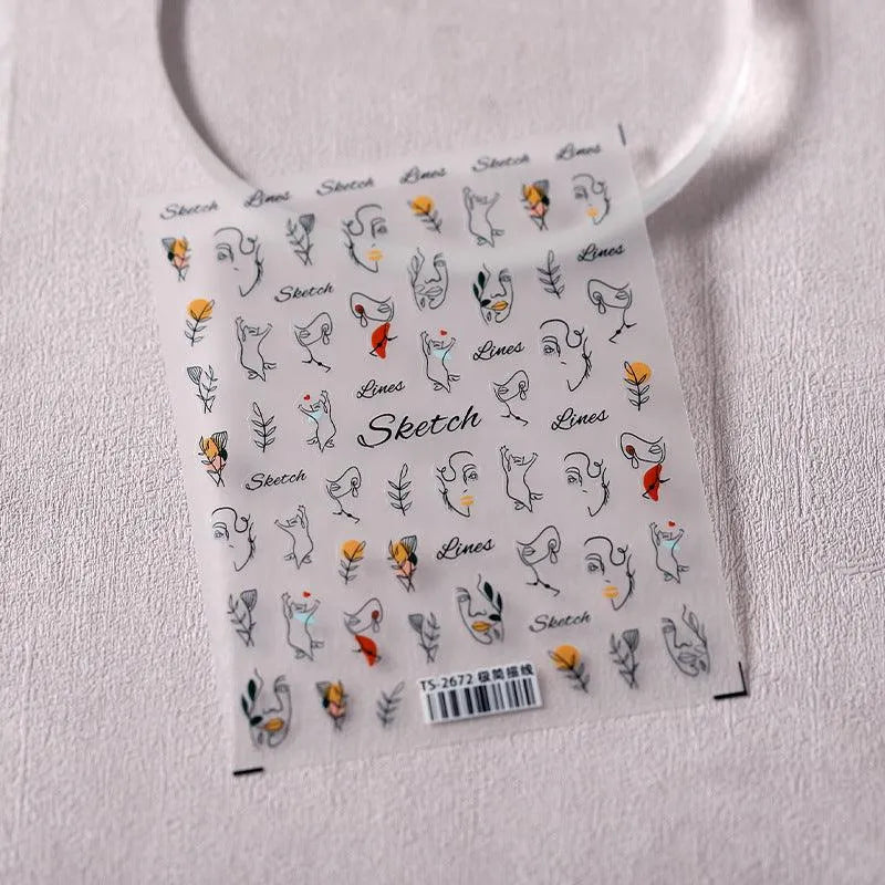 Sketch Face Line Nail Art Stickers Abstract Lines Adhesive Sticker Decals TS2672