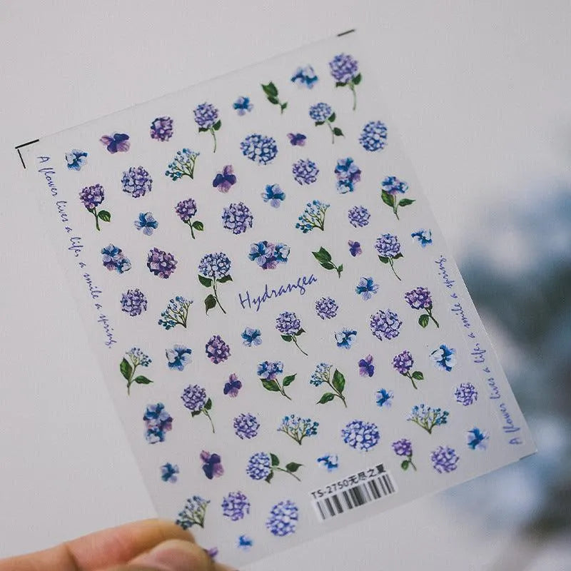Violet Flower Nail Art Stickers Adhesive Slider Hydrangea Sticker Decals TS2750