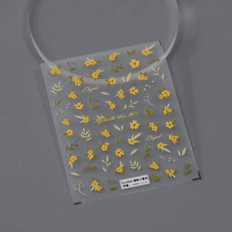 Floral Nail Art Stickers Adhesive Slider Embossed Yellow Flower Sticker Decals TS2834 embossed
