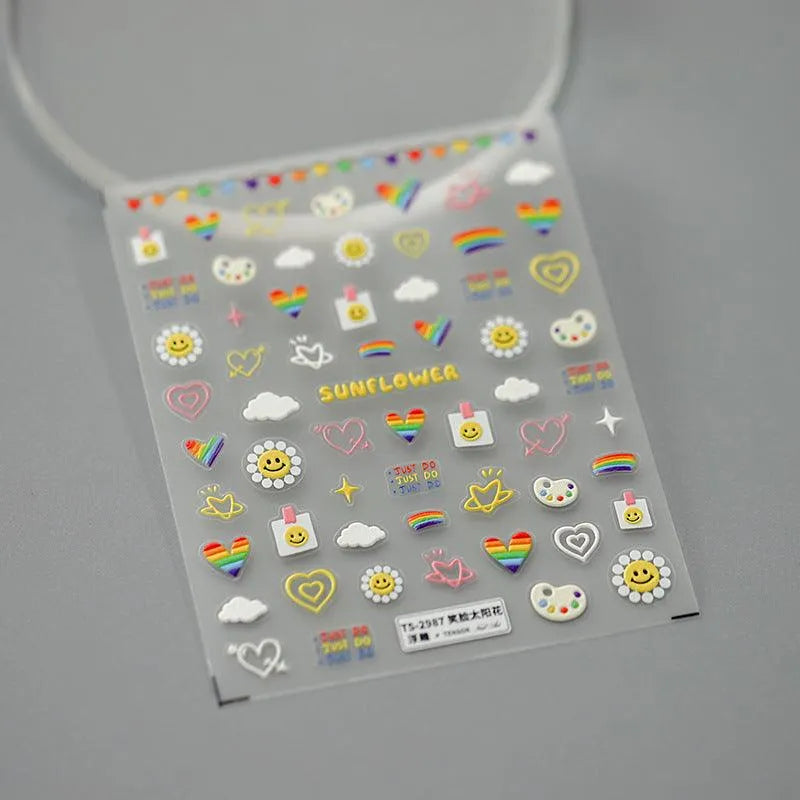 Nail Art Stickers Adhesive Sliders Smile Sunflower Embossed Sticker Decals TS2987 embossed