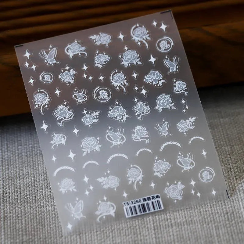 5D Floral Nail Art Stickers White Flower Chain Adhesive Sticker Nail Decals TS3260